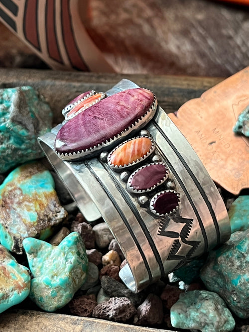 Old Pawn Handcrafted Sterling Silver and Spiny Oyster Cuff Bracelet, Signed AD