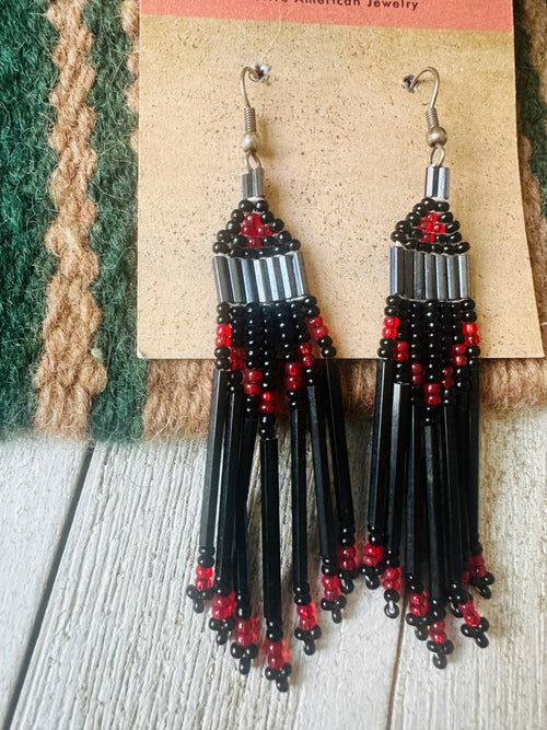 Navajo Black & Red Multicolor Beaded Dangle Earrings