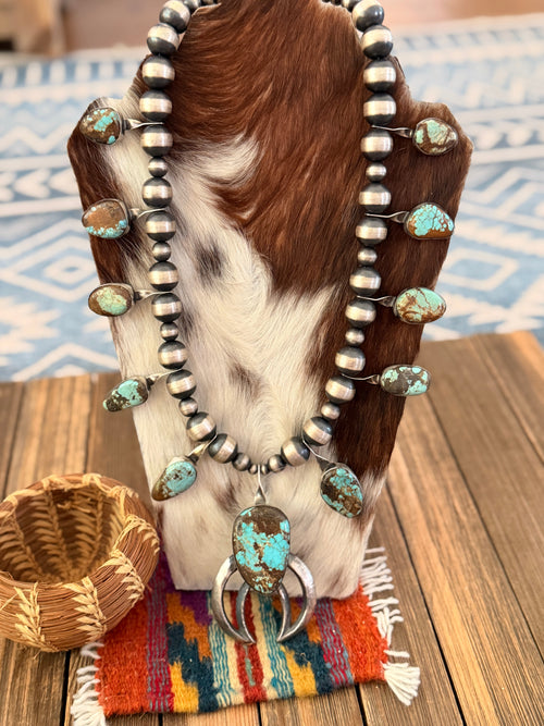 Handcrafted Number 8 Turquoise & Sterling Silver Beaded Squash Blossom Necklace by Chimney Butte