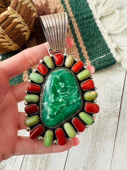Old Pawn Vintage Navajo Multi Stone & Sterling Silver Cluster Pendant by Harley Jake