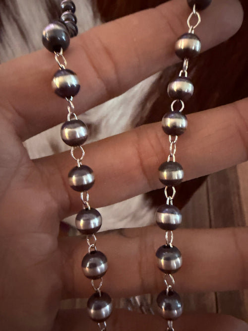 Handcrafted 5mm Sterling Silver Pearl Beaded Rosary Style Necklace 30”