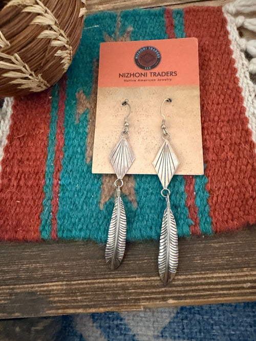 Handcrafted Old Pawn Sterling Silver Feather Dangle Earrings
