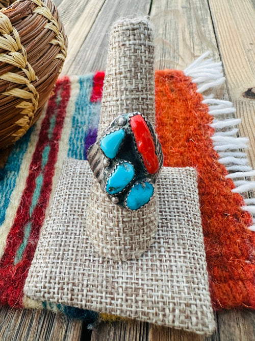 Old Pawn Handcrafted Turquoise, Coral & Sterling Silver Ring Size 8.5