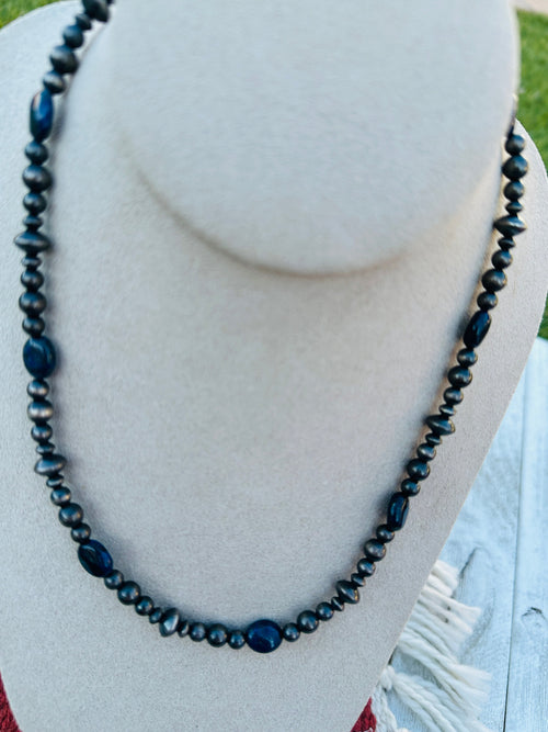 Sterling Silver Pearl & Lapis 18” Beaded Necklace