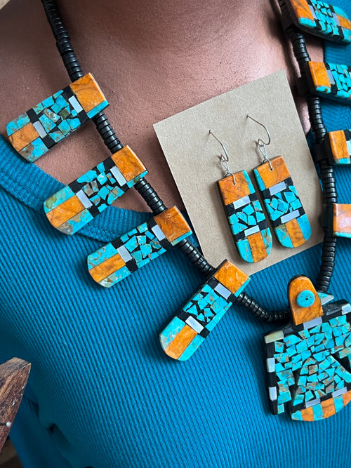 Handcrafted Inlay Turquoise and Apple Coral Thunderbird Tab Necklace & Earrings Set by Warren Nieto
