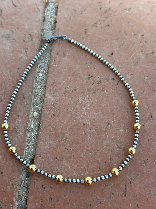 Navajo Sterling Silver & Gold Beaded Necklace 4mm - 5mm