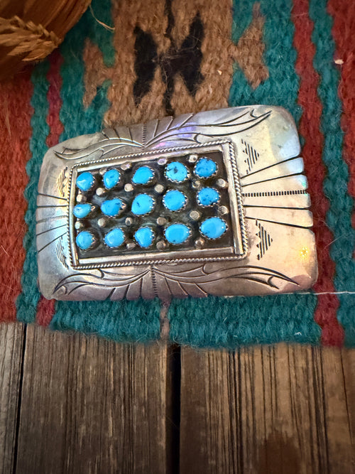 Handcrafted Vintage Old Pawn Sterling Silver & Turquoise Belt Buckle