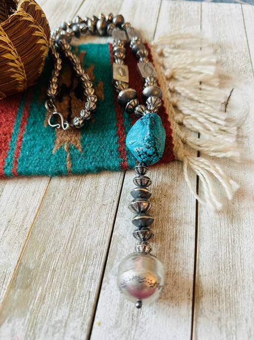 Navajo Turquoise & Sterling Silver Pearl Beaded Lariat Necklace