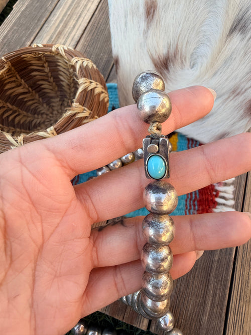 Handcrafted Old Pawn Turquoise and Sterling Silver 10mm Pearl Beaded Necklace 26”