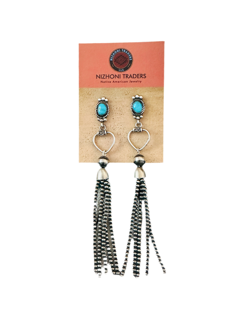 Navajo Turquoise & Sterling Silver Pearl Beaded Tassel Dangle Earrings