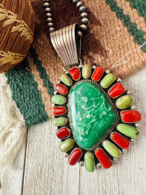 Old Pawn Vintage Navajo Multi Stone & Sterling Silver Cluster Pendant by Harley Jake