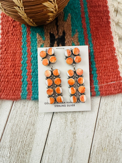 Navajo Orange Spiny And Sterling Silver Dangle Earrings by Jacqueline Silver