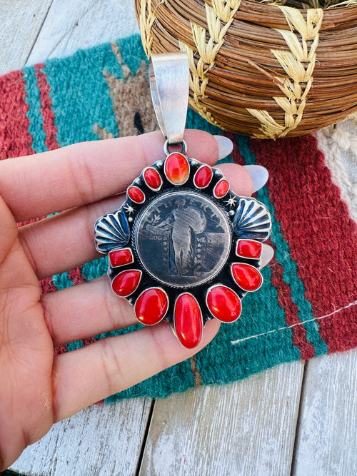 Handcrafted Sterling Silver and Coral Liberty Coin Pendant by Randy Boyd