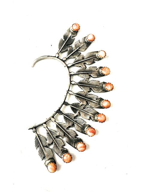 Navajo Orange Spiny & Sterling Silver Feather Cuff Earring (Left Side)