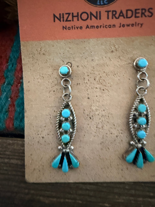 Handcrafted Old Pawn Sterling Silver & Turquoise Dangle Earrings
