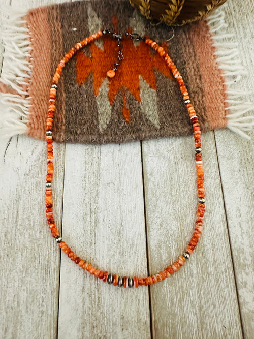 Navajo Orange Spiny & Sterling Silver 16” Beaded Necklace