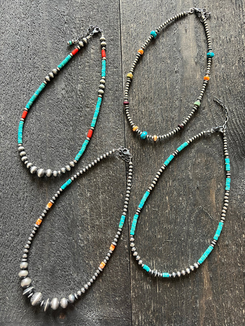 Summer Lovin’ Navajo Beaded Layering Necklace with Sterling Silver and Turquoise, 15” + 2”, The Wave Runner