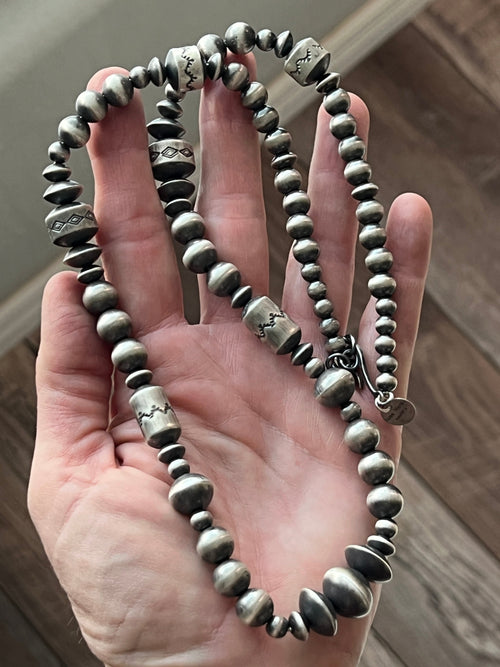 Navajo Sterling Silver Single Strand Beaded Necklace by Rose Martin, 26 + 2 Inches