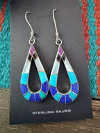 Old Pawn Handcrafted Sterling Silver & Multi Stone Inlay Dangle Earrings