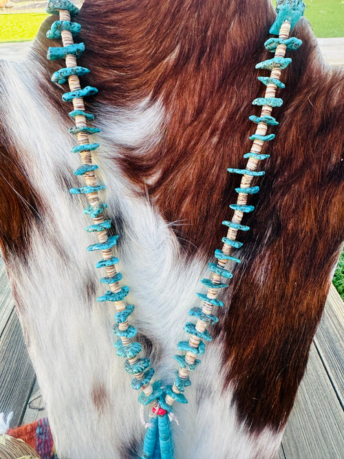 Old Pawn Handcrafted Heishi and Turquoise Beaded 30” Jacla Necklace