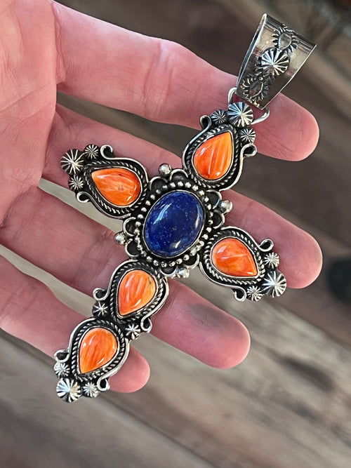 Rosella Paxson Sterling Silver, Lapis & Spiny Oyster Cross Pendant