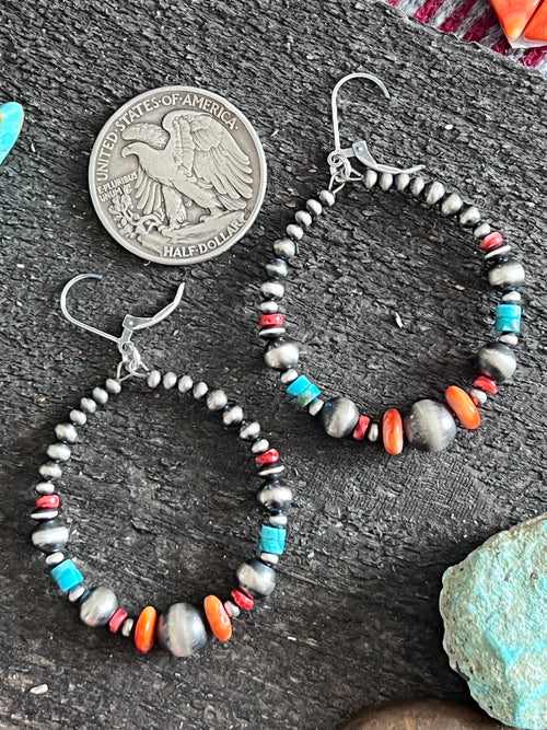 Handcrafted Electric Rainbow Sterling Silver, Turquoise & Spiny Oyster Beaded Hoop Earrings, Leverback