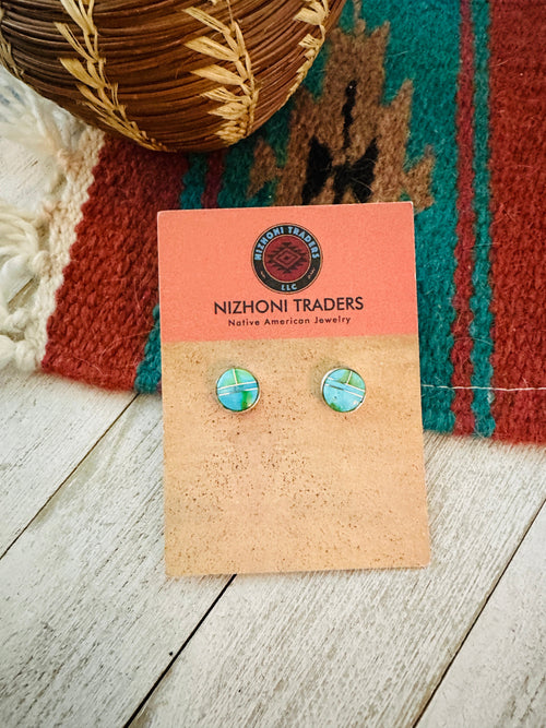 Navajo Sonoran Mountain Turquoise & Sterling Silver Inlay Stud Earrings