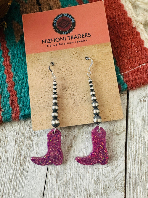 Summer Lovin’ Navajo Sterling Silver Pearl Beaded Opal Cowboy Boot Dangle Earrings