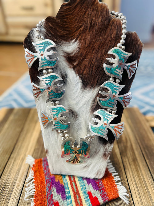 Old Pawn Handcrafted Turquoise, Coral & Sterling Silver Beaded Waterbird Necklace