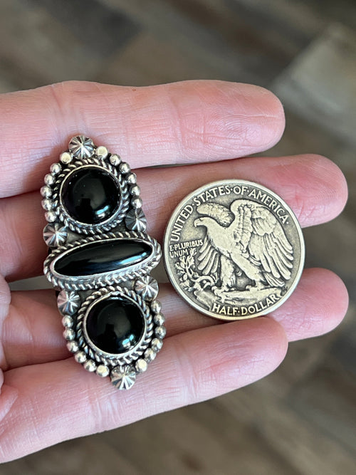 Handcrafted Sterling Silver and Black Onyx Ring by Rosella Paxson, Size 7-1/4