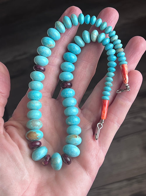 Estate Collection Graduated Number 8 Turquoise and Purple Spiny Oyster Beaded Rondelle Necklace, 16-5/8”