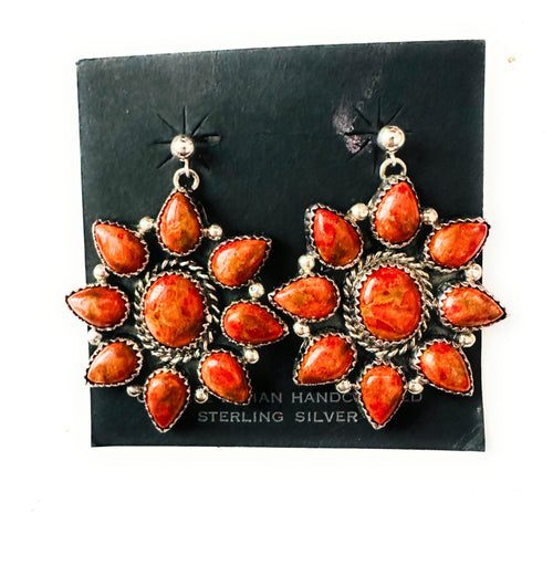 Navajo Sterling Silver Apple Coral Cluster Dangle Earrings