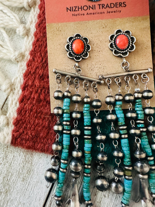 Navajo Turquoise, Coral  & Sterling Silver Pearl Beaded Tassel Dangle Earrings