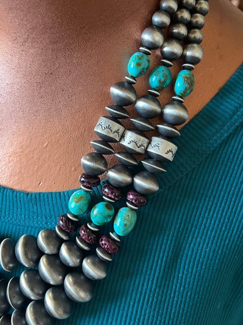 Rose Martin Handcrafted Triple Strand Sterling Silver, Purple Spiny Oyster and Kingman Turquoise Bead Necklace