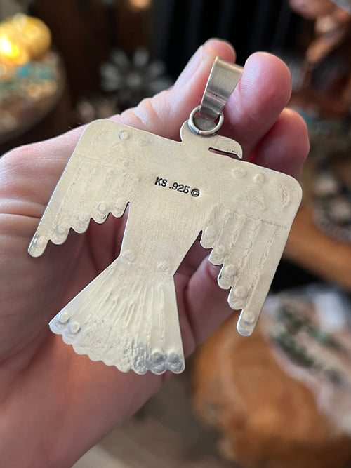 Hand Stamped Sterling Silver & Royston Turquoise Thunderbird Pendant by Kimari Somers
