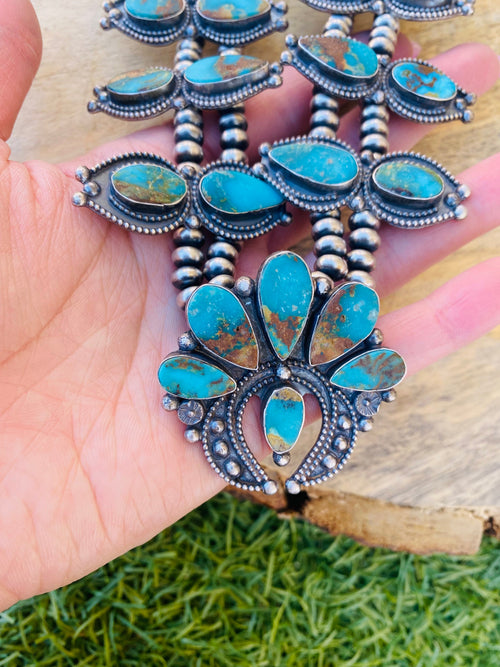 Handcrafted Sterling Silver & Royston Turquoise Beaded Squash Style Necklace Set by Jaqueline Silver