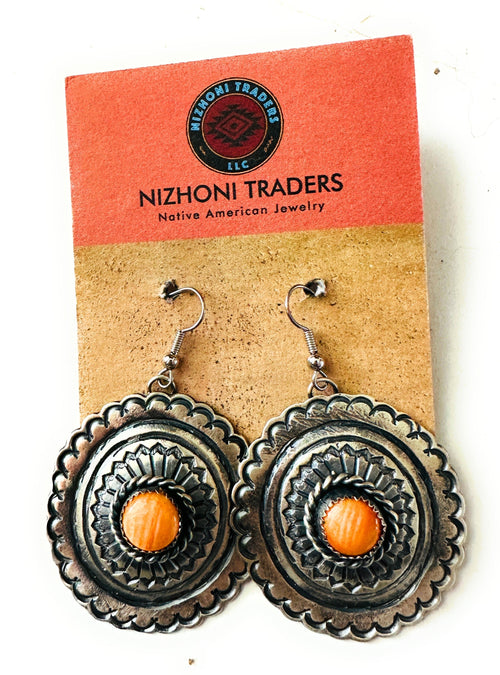 Navajo Orange Spiny and Sterling Silver Concho Dangle Earrings