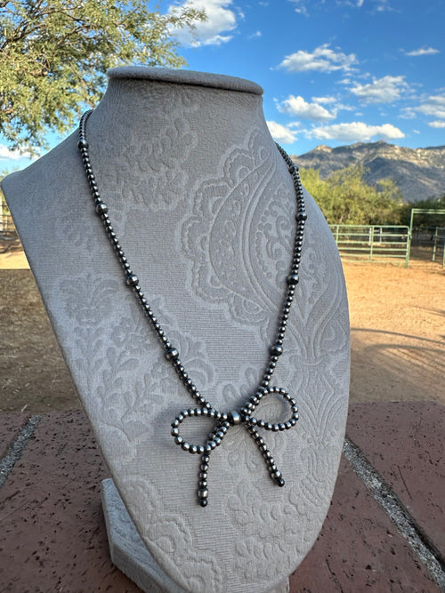 Navajo Made 4-6mm Sterling Silver Pearl Beaded Bow Tie  Necklaces