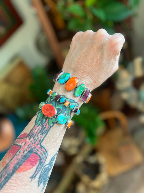 Sterling Silver Electric Rainbow Link Turquoise and Spiny Oyster Bracelet by Thomas Valencia, Mini Ovals & Rectangles