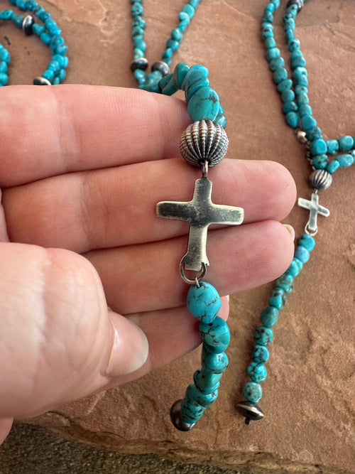 Nizhoni’s Handmade Sterling Silver Turquoise Beaded Lariat Cross Necklace