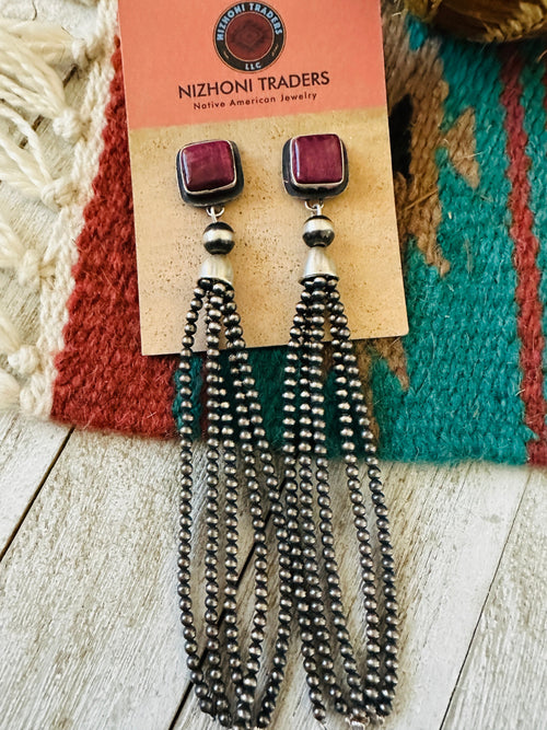 Navajo Purple Spiny & Sterling Silver Pearl Beaded Tassel Dangle Earrings by Emerson Thompson