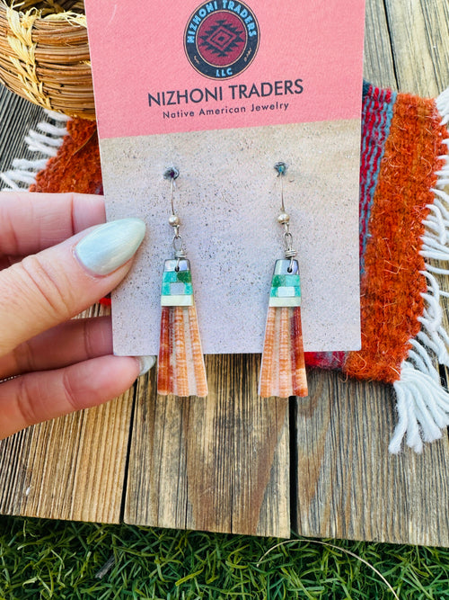 Old Pawn Handcrafted Orange Spiny & Multi Stone Inlay Dangle Earrings