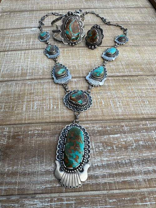 Charles Johnson Navajo Royston Turquoise & Sterling Silver Necklace, Bracelet and Ring  Set Signed