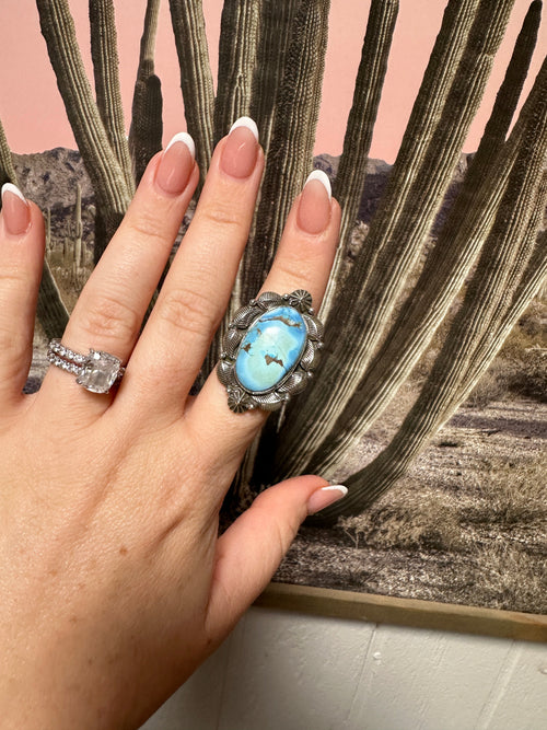 Beautiful Handmade Golden Hills Turquoise And Sterling Silver Adjustable Single Stone STATEMENT Ring