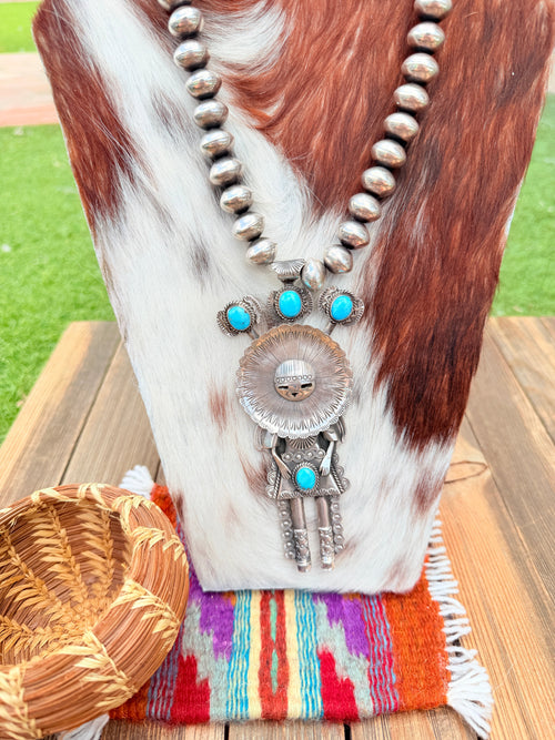 Handcrafted Turquoise & Sterling Silver Beaded Kachina Necklace by Garrett Hale