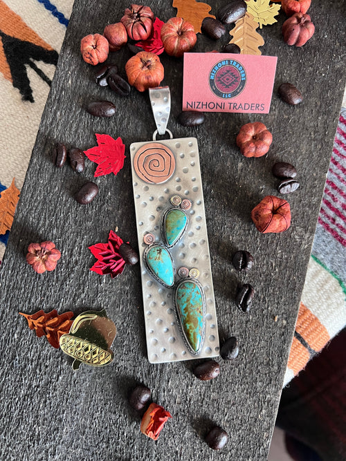 Kimari Somers Hand Stamped Sterling Silver, Copper, Brass & Kingman Turquoise Prickly Pear Cactus Sun Pendant