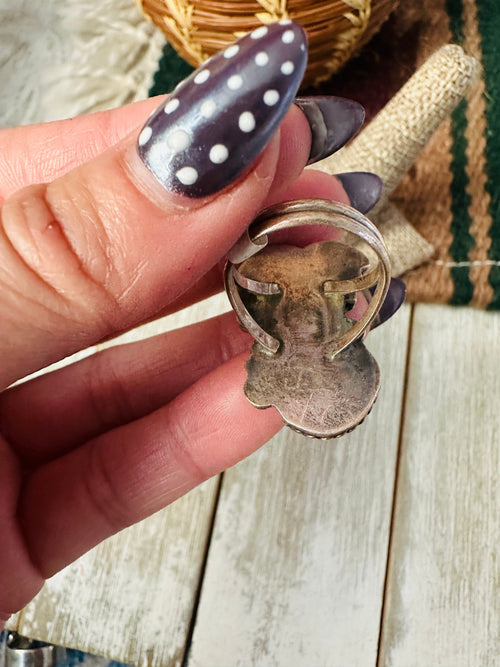 Old Pawn Handcrafted Turquoise, Coral & Sterling Silver Ring Size 6