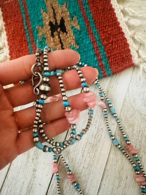 Navajo Queen Pink Conch, Turquoise & Sterling Silver Pearl Beaded Necklace 72”