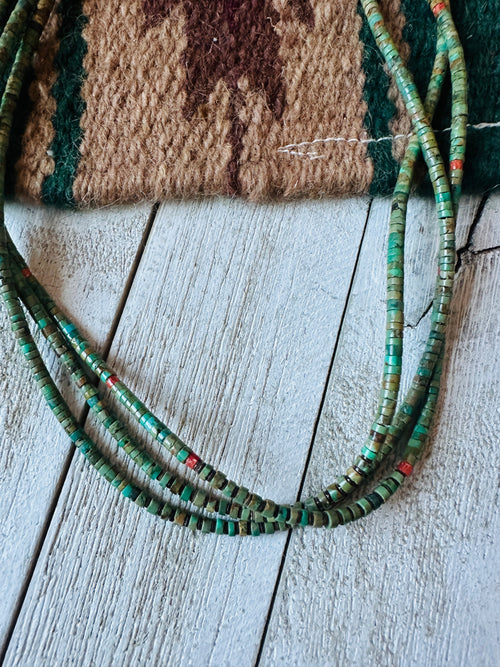 Navajo Turquoise, Coral & Heishi Triple Strand Beaded Necklace