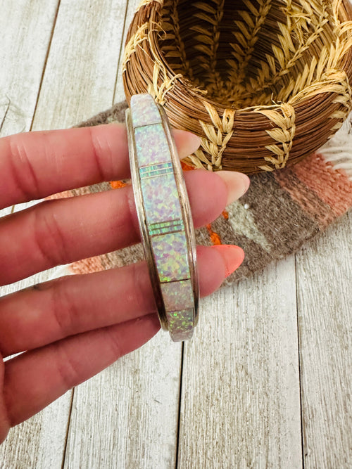 Old Pawn Navajo White Opal & Sterling Silver Inlay Cuff Bracelet